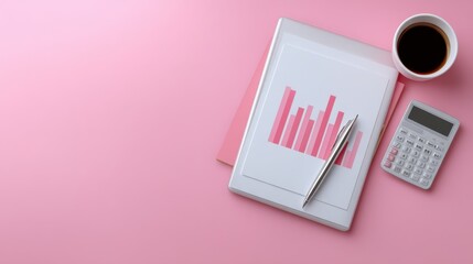 Stylish workspace with a pink background featuring a report, pen, calculator, and coffee cup for business and finance concepts