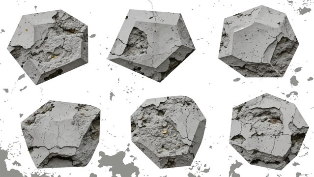 Set of gray concrete debris fragments, abstract, shattered cement construction, broken elements vector illustration.