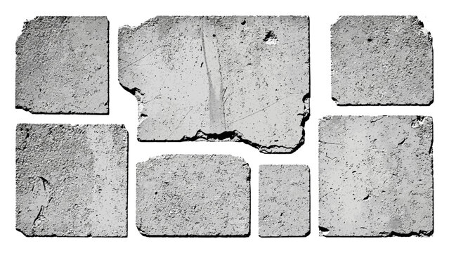 Set of seven concrete pieces with cracks and damaged texture background vector illustration.