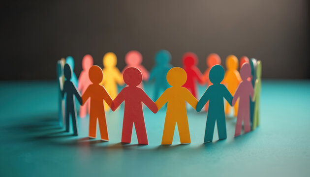 Colorful paper people hold hands forming circle. Diverse figures stand together showing unity, teamwork, and community spirit. Group connection symbolizes inclusion, togetherness, and support for all.