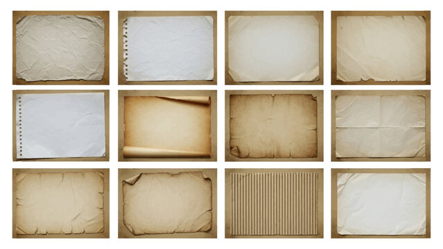 Collection of blank vintage paper background texture isolated on transparent vector illustration.