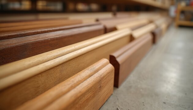 Rows of wooden baseboards in shop. Different wood types and profiles displayed on floor. Interior finishing materials for home renovation projects.