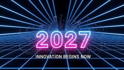 Futuristic display of the year 2027 with glowing neon lines and a digital grid background