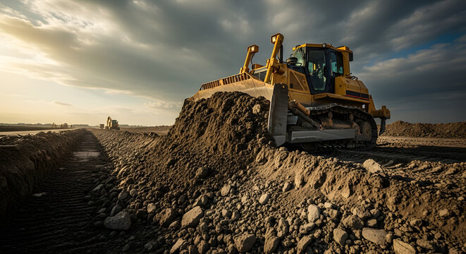 Heavy machinery bulldozer leveling earth and moving soil on a construction site during a golden hour sunset