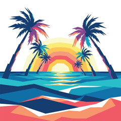 Obraz premium Vibrant Tropical Sunset with Palm Trees Over the Ocean.