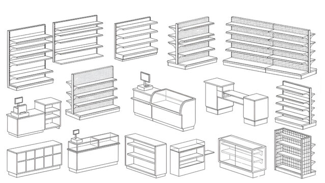Display Racks and Counters Outline Vector Set for Retail CAD Design