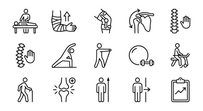 15 Physiotherapy, Chiropractic Care, and Rehabilitation Outline Icons