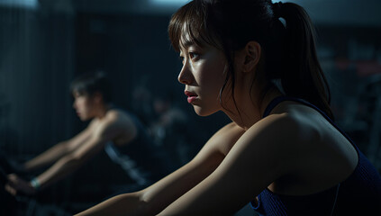 Fototapeta premium ローキーの横光で日本人の男女が本気でこぐ室内バイクの臨場感を表現