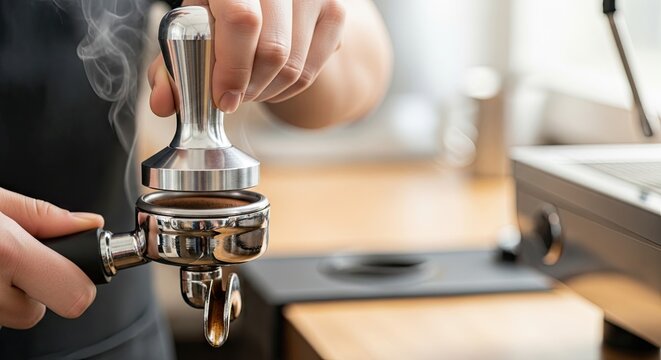 Barista preparing espresso with tamper