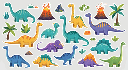 Obraz premium Vibrant dinosaur illustrations with volcanic landscapes