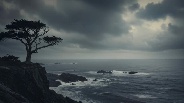 Lone tree on a dramatic cliff overlooking a stormy ocean with crashing waves and dark clouds in a moody seascape video