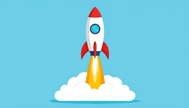 A cartoon rocket ship blasting off into a clear blue sky