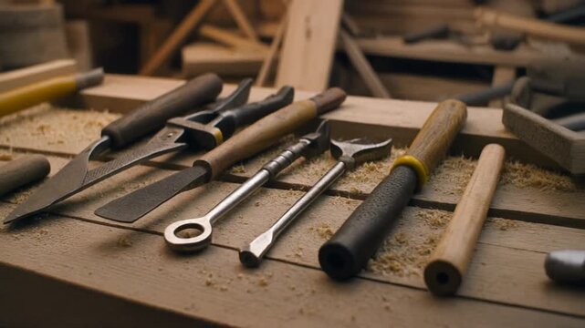 Artisan woodworking tools on a workbench close up detail shot of chisels and files