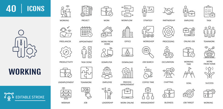 Working icon set. Includes job, career, meeting, organization, employment, teamwork, networking and more. Vector Illustration with editable strokes