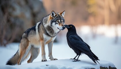 Obraz premium Wolf and raven stand close on snowy ground near bare trees. Wild animals show gentle interaction in cold winter forest habitat. A unique friendship between predator and scavenger in nature.