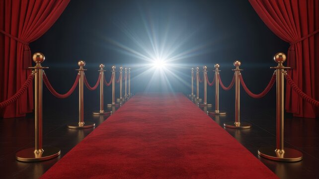 Red carpet leading to a bright spotlight with velvet curtains