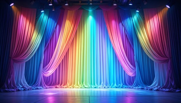 &ldquo;Luxury stage backdrop made of rainbow-colored drapes, dramatic pleats, spotlight lighting, grand celebration setting.&rdquo;
