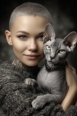 Obraz premium Edgy woman with a shaved head cradles a sphynx cat under dramatic lighting, ideal for alternative fashion editorials, pet features, and bold advertising concepts.