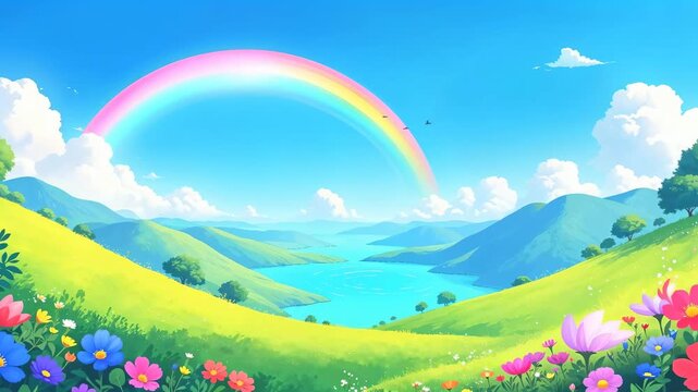 Lush green hillside with colorful flowers by a lake, a bright rainbow arching across a blue sky, serene nature landscape footage.