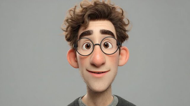 Friendly Nerdy Young Man Character with Curly Hair and Round Glasses in 3D Animation Style