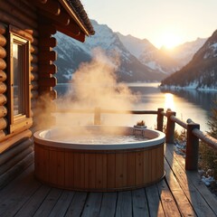 Fototapeta premium Steaming outdoor hot tub on wooden terrace with snowy mountain lake backdrop. Log cabin home offers warm water relaxation. Sunrise over water with majestic peaks.