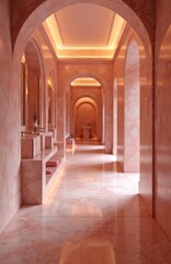 Obraz premium Serene pink marble hallway with arches leads to spa relaxation area. Minimalist design features soft lighting, modern sinks, comfortable seating. Clean, bright ambiance promotes wellness,