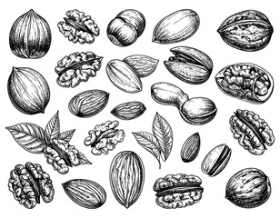 A collection of various nuts and leaves illustrated in black and white