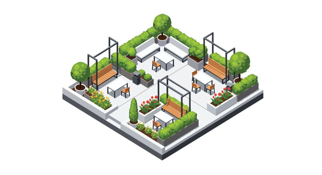 Isometric rooftop garden terrace with seating area and plants vector
