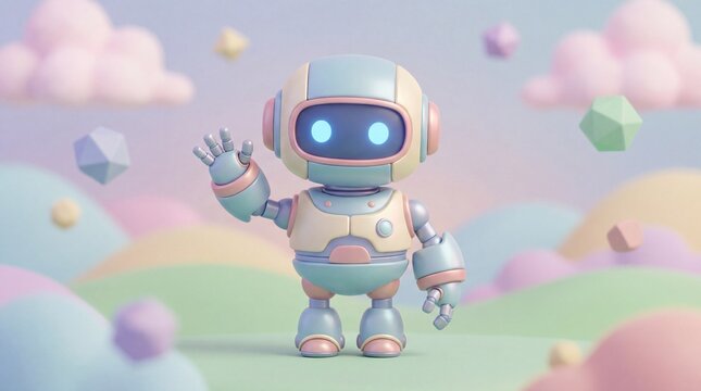 Small cute robot, glowing eyes, waving, pastel background, 3D chibi style