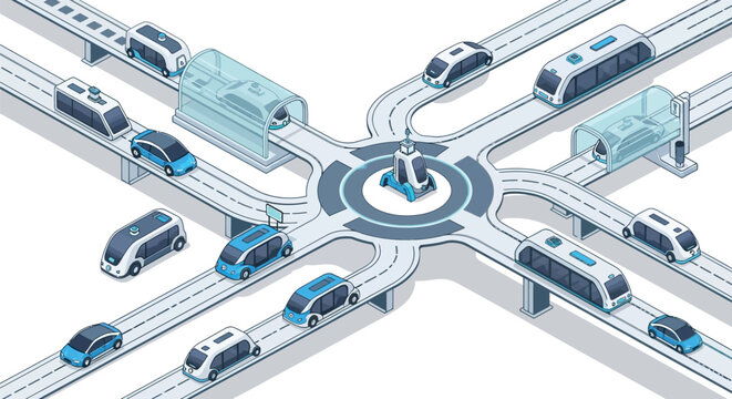Isometric autonomous transportation network with futuristic pods vector