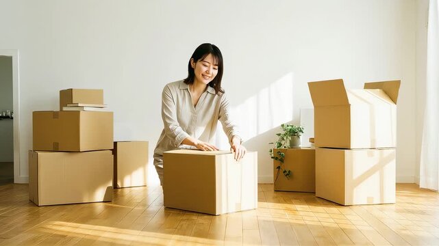 新生活への期待に満ちた表情で、手際よくガムテープを貼り荷造りを行う若い女性