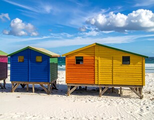 Naklejka premium A beach scene with a row of brightly colored wooden huts