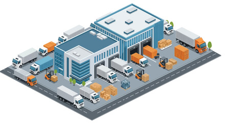 Isometric logistics warehouse with trucks and cargo delivery vector © Tush Art