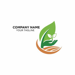 Fototapeta premium Green hand holding a plant logo for environmental protection and nature.