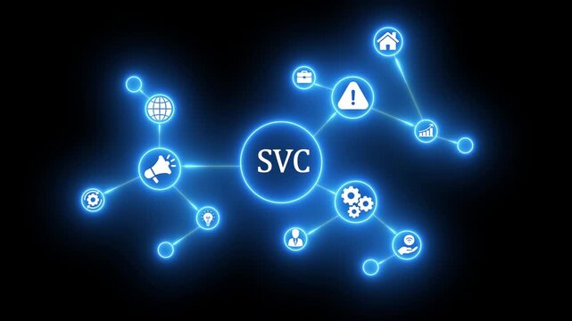 Glowing Blue Digital Network Concept with S V C Central Node and Various SVC central node interconnected technology concept