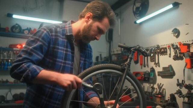 Bike maintenance in workshop, Professional bicycle mechanic fixing wheel alignment