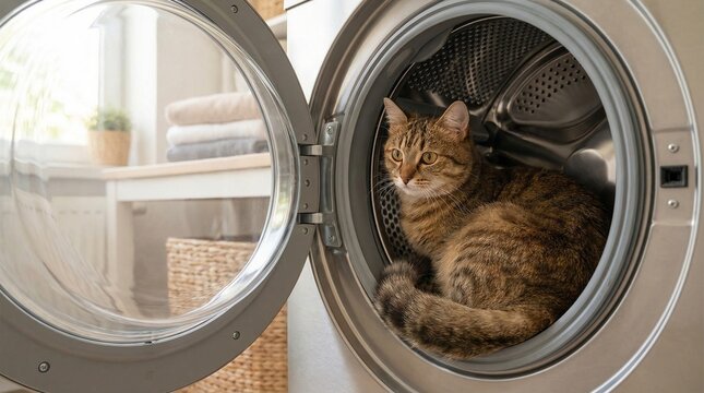 Tabby cat sitting inside a laundry machine drum at home  