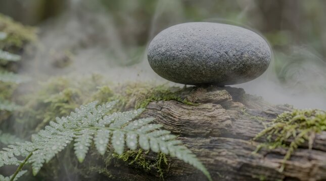 Balanced river stone with fern in tranquil mist