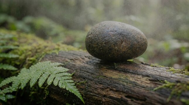 Balanced river stone with fern in tranquil mist