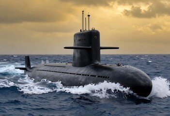 Fototapeta premium Sleek modern military submarine navigating rough ocean waters, showcasing advanced naval technology, stealth design, maritime defense power, and strategic underwater warfare capabilities under.
