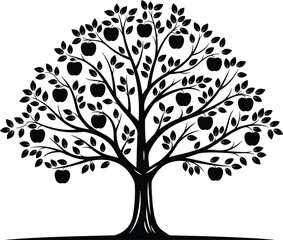 Obraz premium Black silhouette vector illustration of an apple tree with fruits and leaves, isolated on white background for graphic design art.
