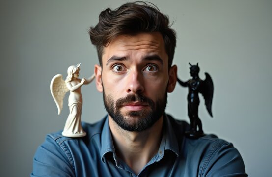 Man hesitates with angel and devil figurines on shoulders. Person ponders choice between good and evil. Inner conflict and decision making concept. Psychological debate. Moral dilemma faced.