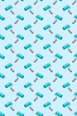 Turquoise paint rollers arranged in diagonal seamless pattern on light blue, 3D tools for renovation wallpaper design