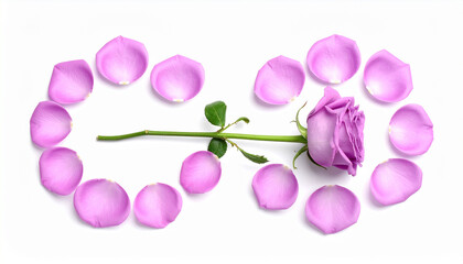 Fototapeta premium Single pink rose with green stem surrounded by scattered rose petals on isolated background forming an oval shape