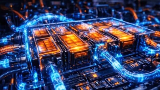 Futuristic energy grid with glowing battery modules and electric arcs.
