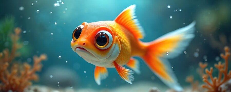 Orange goldfish with huge eyes swims in clear blue water. Bubbles rise around fish, coral plants nearby. Aquatic pet looks curious, swims in aquarium home. Shallow depth field.