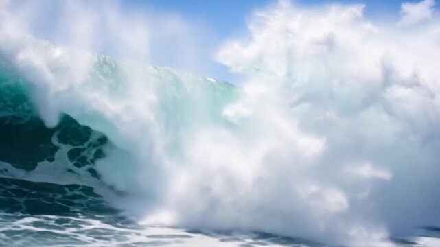 Giant turquoise ocean wave barrels and crashes explosively.