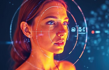 Woman gets facial scan for temperature check with digital screen overlay. Futuristic health screening for illness detection. Safety measure for pandemic or disease surveillance.