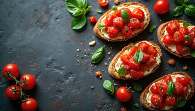 Toasted bread slices topped with creamy cheese cherry tomatoes and fresh basil leaves. A perfect appetizer for any occasion made with simple ingredients.