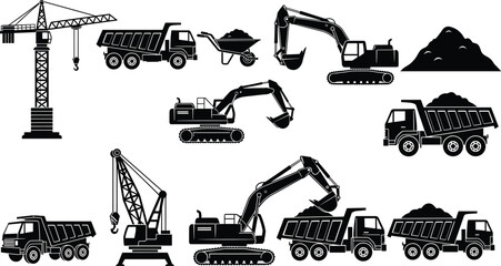 Heavy construction machinery silhouettes set with excavators, dump trucks, cranes, and wheelbarrows isolated on white background for industrial vector design. © Shahanaj
